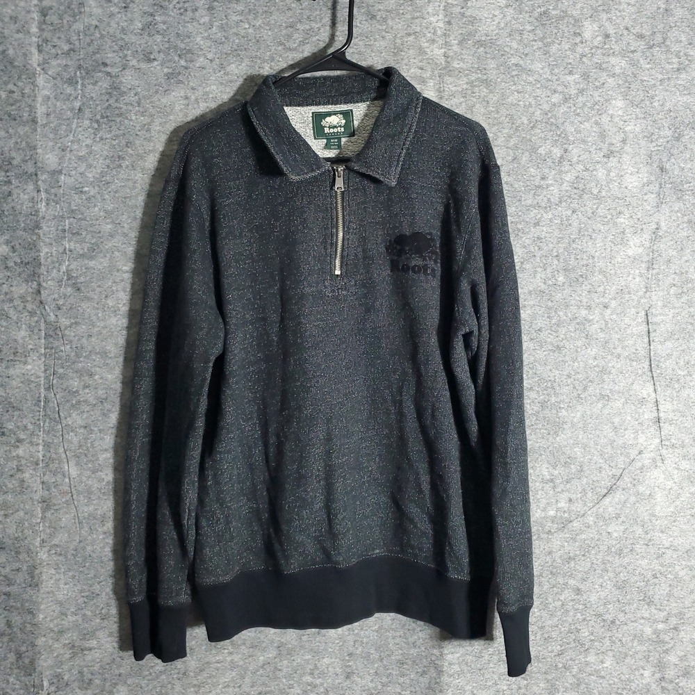 Roots Canada Pullover Mens‎ M Charcoal Quarter Zip Heathered Sweatshirt Logo